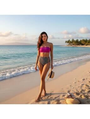 Shade & Shore Stripe Bikini M, 36D Bandeau High Waisted